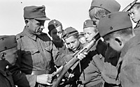 Инструктор Пааво Нурми (Paavo Johannes Nurmi, 1897 — 1973) объясняет устройство винтовки Мосина молодым кадетам молодежного лагеря в Хельсинки. Пааво Нурми является девятикратным олимпийским чемпионом по бегу, обладатель наибольшего количества медалей в и